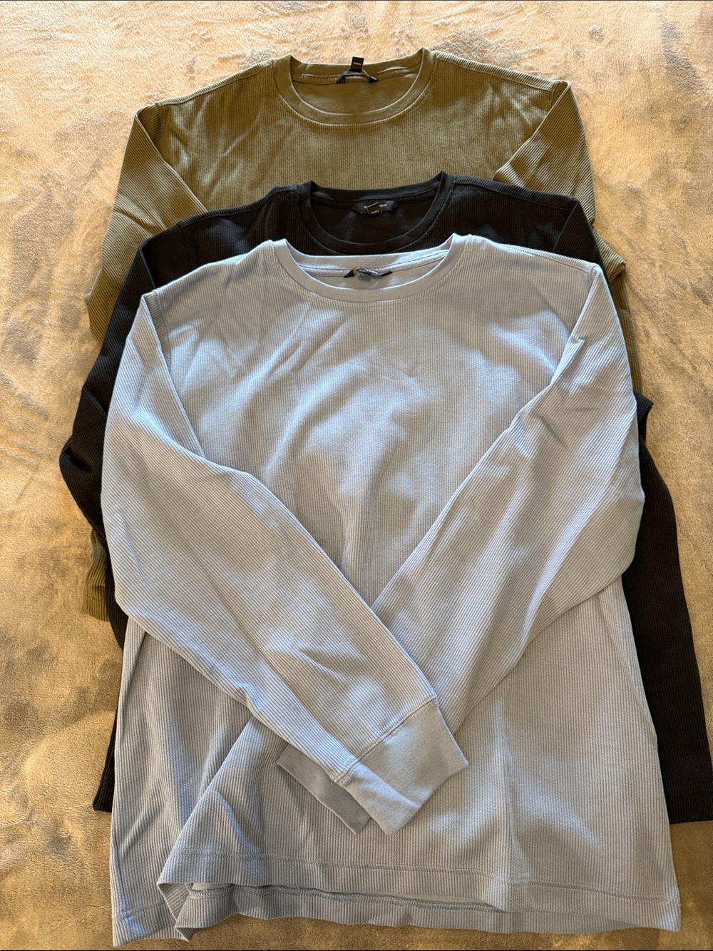 Banana Republic Long-Sleeve Waffle Crewneck Trio - Light Blue, Black, Olive